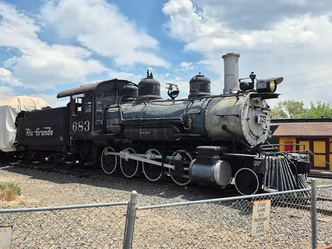 Rio Grande No. 683, a black steam locomotive, on display at the Colorado Railroad Museum in Golden, June 2026